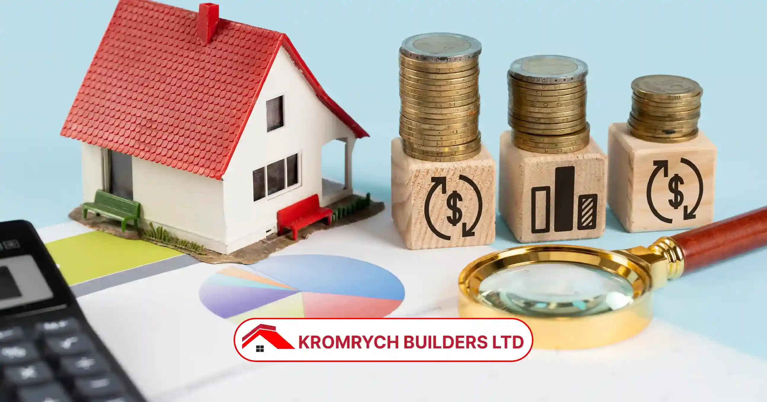 Model house with stacked coins, calculator, chart, and magnifying glass representing home extension costs and financial planning in 2025